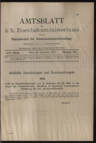 Verordnungs- und Anzeige-Blatt der k.k. General-Direction der österr. Staatsbahnen 19170926 Seite: 1