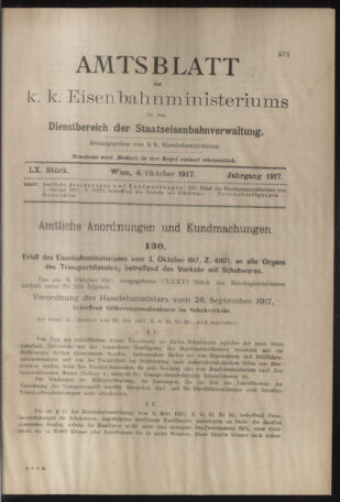 Verordnungs- und Anzeige-Blatt der k.k. General-Direction der österr. Staatsbahnen 19171006 Seite: 1