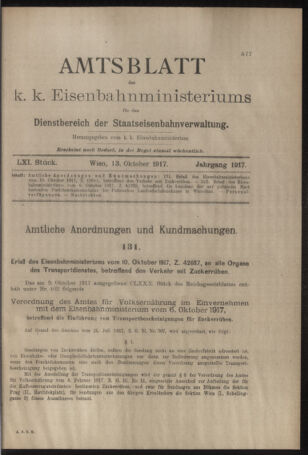 Verordnungs- und Anzeige-Blatt der k.k. General-Direction der österr. Staatsbahnen 19171013 Seite: 1