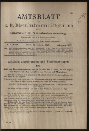 Verordnungs- und Anzeige-Blatt der k.k. General-Direction der österr. Staatsbahnen 19171027 Seite: 1