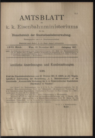 Verordnungs- und Anzeige-Blatt der k.k. General-Direction der österr. Staatsbahnen 19171110 Seite: 1