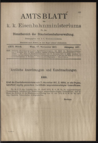 Verordnungs- und Anzeige-Blatt der k.k. General-Direction der österr. Staatsbahnen 19171117 Seite: 1