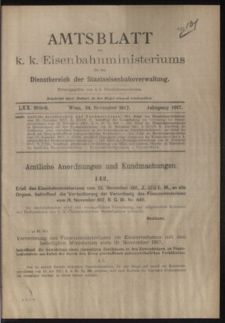 Verordnungs- und Anzeige-Blatt der k.k. General-Direction der österr. Staatsbahnen 19171124 Seite: 1