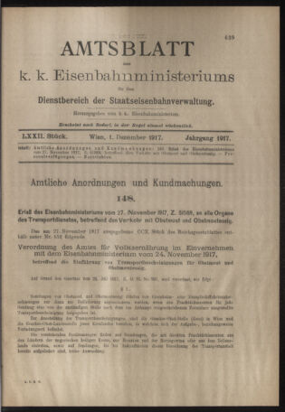 Verordnungs- und Anzeige-Blatt der k.k. General-Direction der österr. Staatsbahnen 19171201 Seite: 1