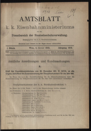 Verordnungs- und Anzeige-Blatt der k.k. General-Direction der österr. Staatsbahnen 19180104 Seite: 1