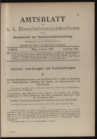 Verordnungs- und Anzeige-Blatt der k.k. General-Direction der österr. Staatsbahnen 19180105 Seite: 1