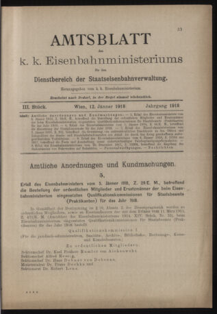 Verordnungs- und Anzeige-Blatt der k.k. General-Direction der österr. Staatsbahnen 19180112 Seite: 1