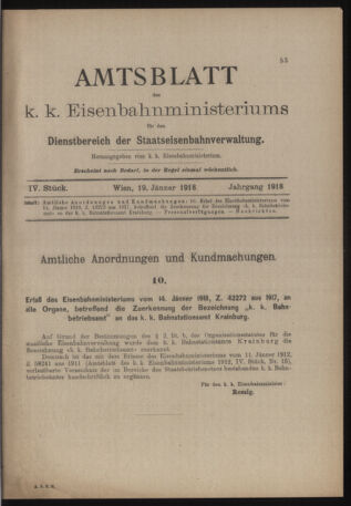 Verordnungs- und Anzeige-Blatt der k.k. General-Direction der österr. Staatsbahnen 19180119 Seite: 1