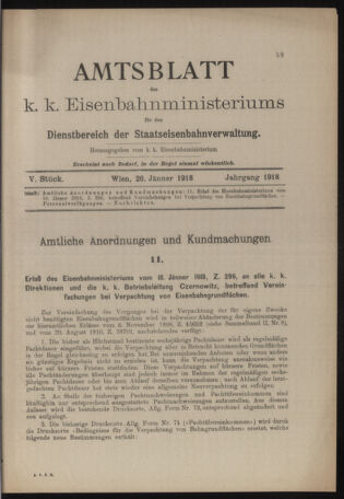 Verordnungs- und Anzeige-Blatt der k.k. General-Direction der österr. Staatsbahnen 19180126 Seite: 1