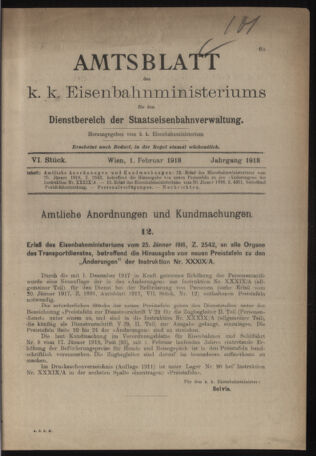 Verordnungs- und Anzeige-Blatt der k.k. General-Direction der österr. Staatsbahnen 19180201 Seite: 1