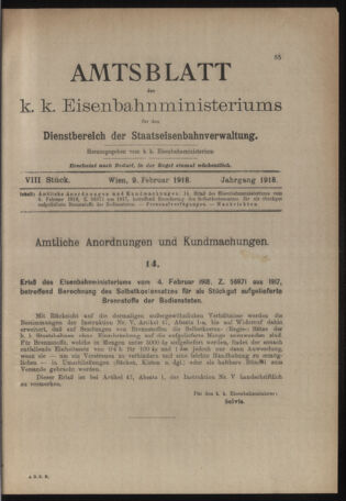 Verordnungs- und Anzeige-Blatt der k.k. General-Direction der österr. Staatsbahnen 19180209 Seite: 1