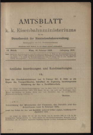 Verordnungs- und Anzeige-Blatt der k.k. General-Direction der österr. Staatsbahnen 19180216 Seite: 1