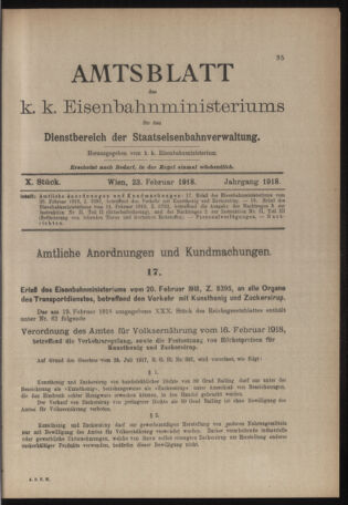 Verordnungs- und Anzeige-Blatt der k.k. General-Direction der österr. Staatsbahnen 19180223 Seite: 1