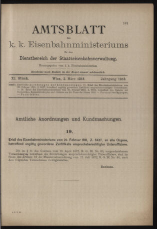 Verordnungs- und Anzeige-Blatt der k.k. General-Direction der österr. Staatsbahnen 19180302 Seite: 1