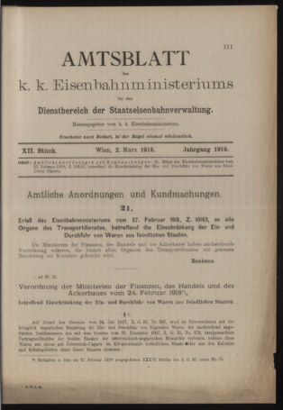 Verordnungs- und Anzeige-Blatt der k.k. General-Direction der österr. Staatsbahnen 19180302 Seite: 11