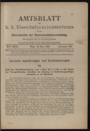 Verordnungs- und Anzeige-Blatt der k.k. General-Direction der österr. Staatsbahnen 19180316 Seite: 1