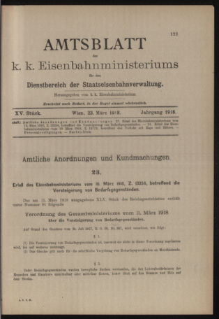 Verordnungs- und Anzeige-Blatt der k.k. General-Direction der österr. Staatsbahnen 19180323 Seite: 1