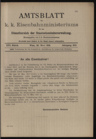 Verordnungs- und Anzeige-Blatt der k.k. General-Direction der österr. Staatsbahnen 19180326 Seite: 1