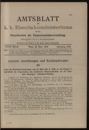 Verordnungs- und Anzeige-Blatt der k.k. General-Direction der österr. Staatsbahnen 19180330 Seite: 1