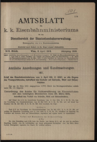 Verordnungs- und Anzeige-Blatt der k.k. General-Direction der österr. Staatsbahnen 19180406 Seite: 1