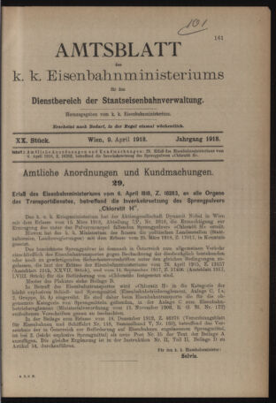 Verordnungs- und Anzeige-Blatt der k.k. General-Direction der österr. Staatsbahnen 19180409 Seite: 1