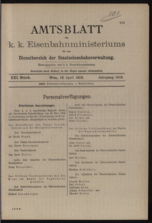 Verordnungs- und Anzeige-Blatt der k.k. General-Direction der österr. Staatsbahnen 19180413 Seite: 1