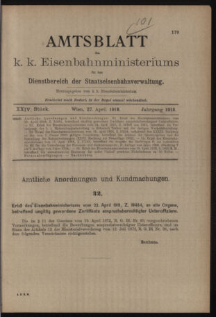 Verordnungs- und Anzeige-Blatt der k.k. General-Direction der österr. Staatsbahnen 19180427 Seite: 1