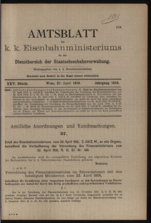 Verordnungs- und Anzeige-Blatt der k.k. General-Direction der österr. Staatsbahnen 19180427 Seite: 11