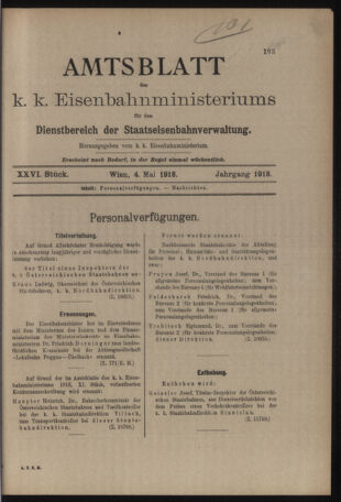 Verordnungs- und Anzeige-Blatt der k.k. General-Direction der österr. Staatsbahnen 19180504 Seite: 1