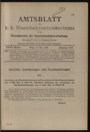 Verordnungs- und Anzeige-Blatt der k.k. General-Direction der österr. Staatsbahnen 19180511 Seite: 1