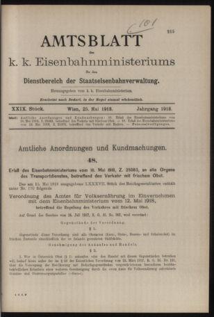 Verordnungs- und Anzeige-Blatt der k.k. General-Direction der österr. Staatsbahnen 19180525 Seite: 1