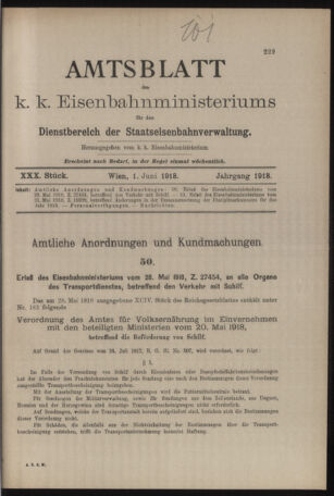 Verordnungs- und Anzeige-Blatt der k.k. General-Direction der österr. Staatsbahnen 19180601 Seite: 1