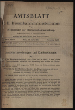 Verordnungs- und Anzeige-Blatt der k.k. General-Direction der österr. Staatsbahnen 19180615 Seite: 1