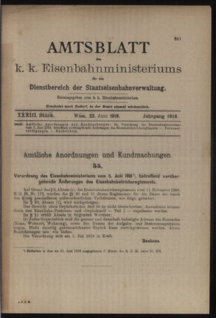 Verordnungs- und Anzeige-Blatt der k.k. General-Direction der österr. Staatsbahnen 19180622 Seite: 1