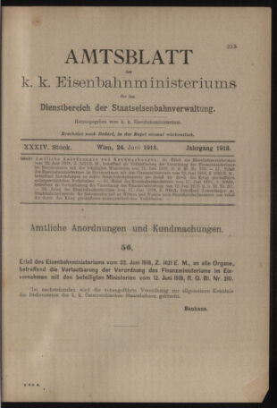 Verordnungs- und Anzeige-Blatt der k.k. General-Direction der österr. Staatsbahnen 19180624 Seite: 1