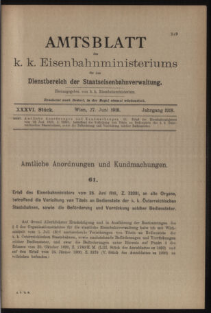 Verordnungs- und Anzeige-Blatt der k.k. General-Direction der österr. Staatsbahnen 19180627 Seite: 1