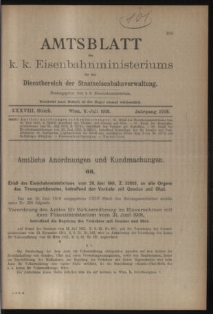 Verordnungs- und Anzeige-Blatt der k.k. General-Direction der österr. Staatsbahnen 19180706 Seite: 1