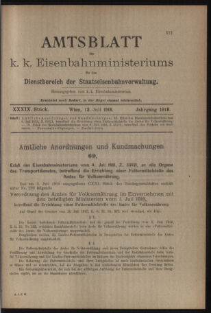 Verordnungs- und Anzeige-Blatt der k.k. General-Direction der österr. Staatsbahnen 19180713 Seite: 1