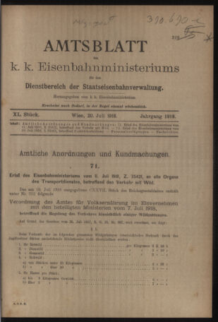 Verordnungs- und Anzeige-Blatt der k.k. General-Direction der österr. Staatsbahnen 19180720 Seite: 1