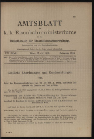 Verordnungs- und Anzeige-Blatt der k.k. General-Direction der österr. Staatsbahnen 19180727 Seite: 1