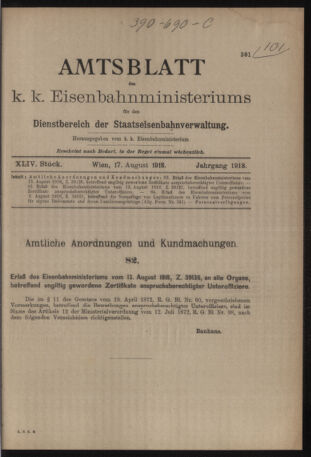 Verordnungs- und Anzeige-Blatt der k.k. General-Direction der österr. Staatsbahnen 19180817 Seite: 1