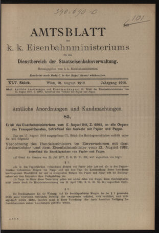 Verordnungs- und Anzeige-Blatt der k.k. General-Direction der österr. Staatsbahnen 19180821 Seite: 1