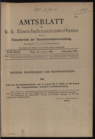 Verordnungs- und Anzeige-Blatt der k.k. General-Direction der österr. Staatsbahnen 19180824 Seite: 1