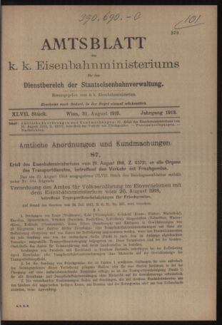 Verordnungs- und Anzeige-Blatt der k.k. General-Direction der österr. Staatsbahnen 19180831 Seite: 1