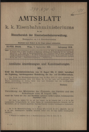 Verordnungs- und Anzeige-Blatt der k.k. General-Direction der österr. Staatsbahnen 19180907 Seite: 1