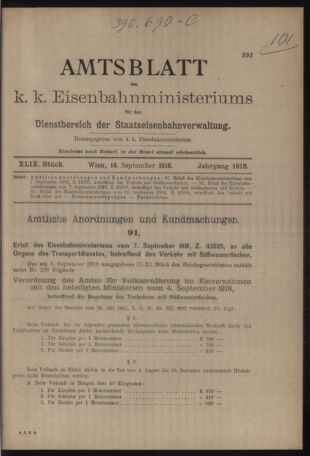 Verordnungs- und Anzeige-Blatt der k.k. General-Direction der österr. Staatsbahnen 19180914 Seite: 1