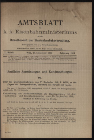 Verordnungs- und Anzeige-Blatt der k.k. General-Direction der österr. Staatsbahnen 19180921 Seite: 1