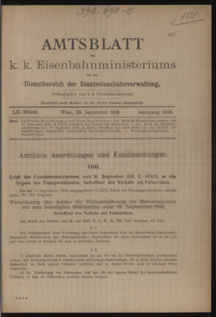 Verordnungs- und Anzeige-Blatt der k.k. General-Direction der österr. Staatsbahnen 19180928 Seite: 1