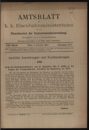 Verordnungs- und Anzeige-Blatt der k.k. General-Direction der österr. Staatsbahnen 19181001 Seite: 1