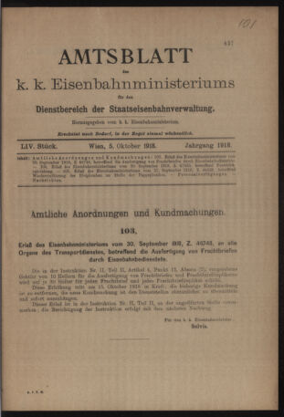 Verordnungs- und Anzeige-Blatt der k.k. General-Direction der österr. Staatsbahnen 19181005 Seite: 1